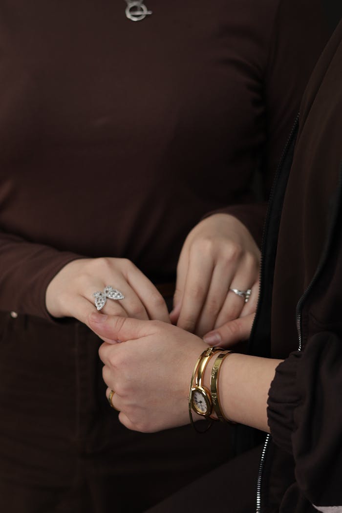 Close-up of elegant women's fashion and jewelry accessories.